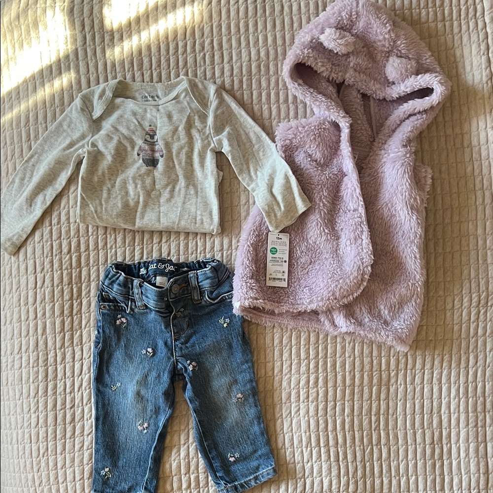 Purple Fuzzy Vest with Gray Top and Blue Jeans Set